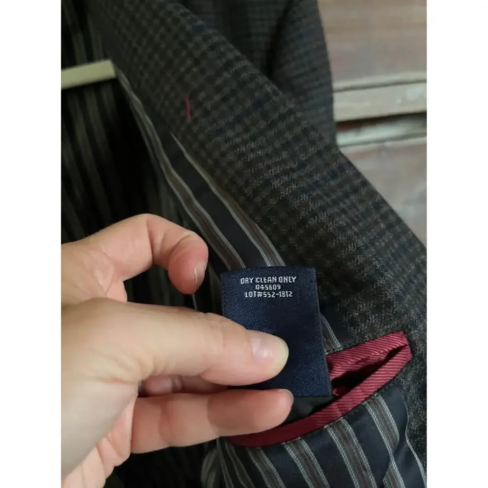 Men’s Stafford Herringbone Plaid Blazer Elbow Patch Wool Classic 42S Brown Navy